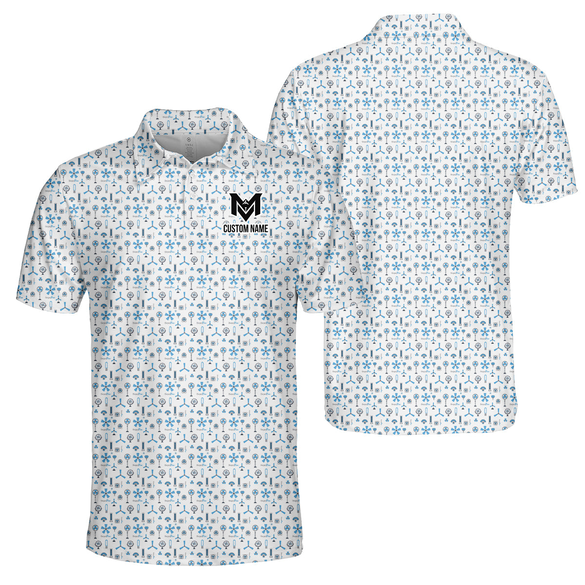Personalized Blue Funny Golf Icons Polo Shirt for Men Golf Equipment Pattern All Over Print Performance Golf Polo Lightweight Breathable Golf Apparel