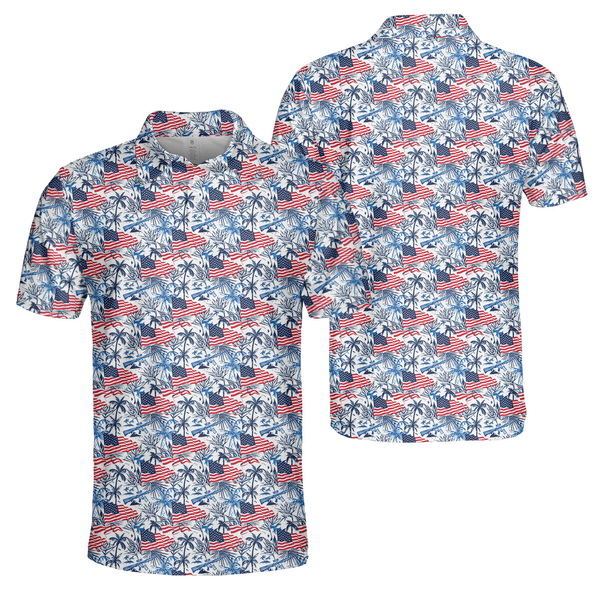 American Flag Hawaiian Golf Polo Shirt for Men – Patriotic USA Tropical Performance Golf Shirt, Lightweight Breathable 4th of July Golf Polo