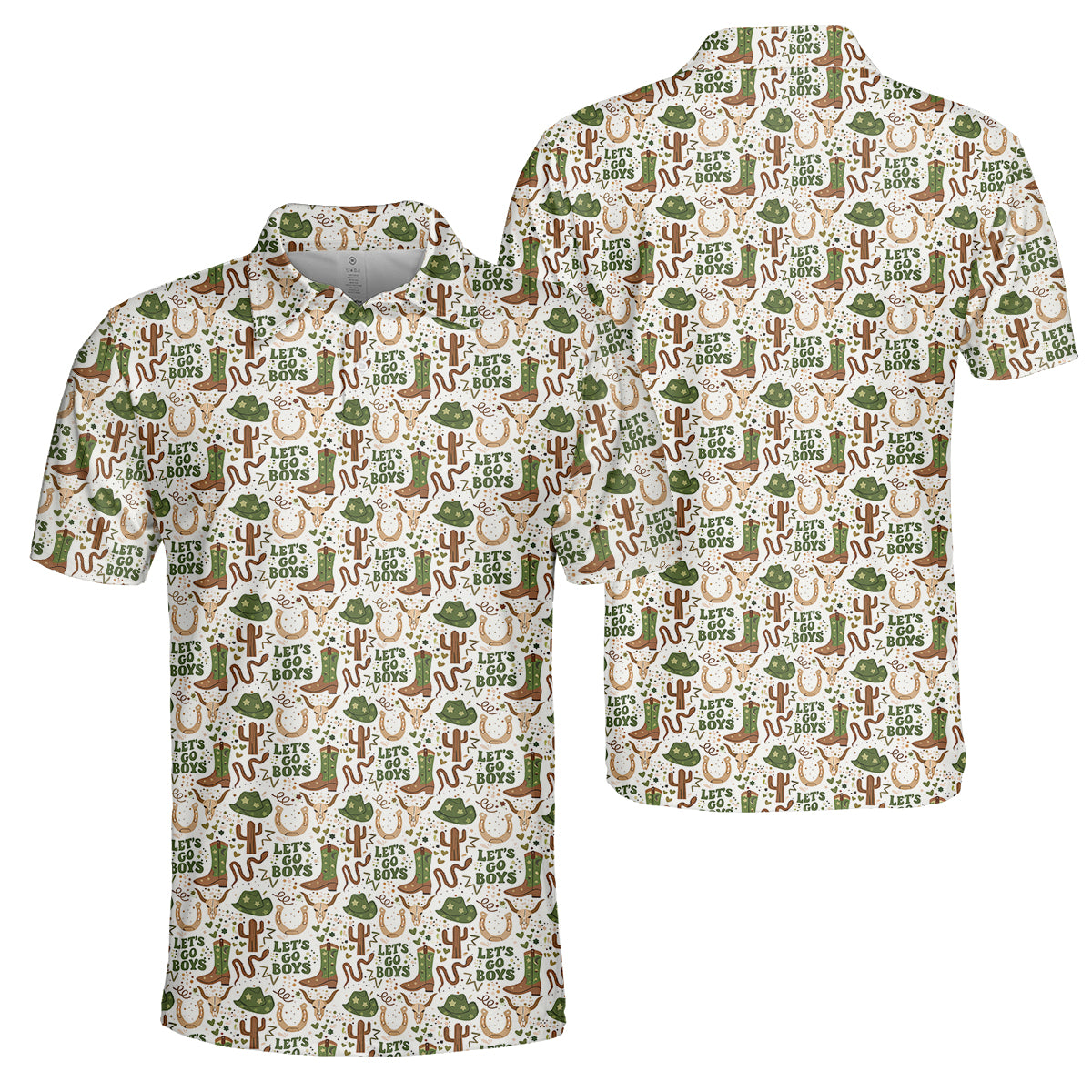 Men’s Funny Cowboy Golf Polo Shirt, Western Boots Cactus “Let’s Go Boys” Pattern Golf Shirt, Country Western Golf Apparel, Rodeo Style Golf Polo