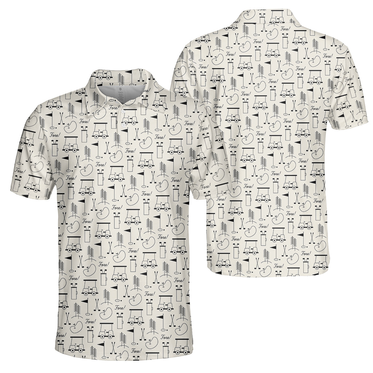 Men’s Funny Golf Polo Shirt, Golf Cart & Clubs “Fore!” Pattern, Casual Golf Polo for Golfers, Golf Lover Gift