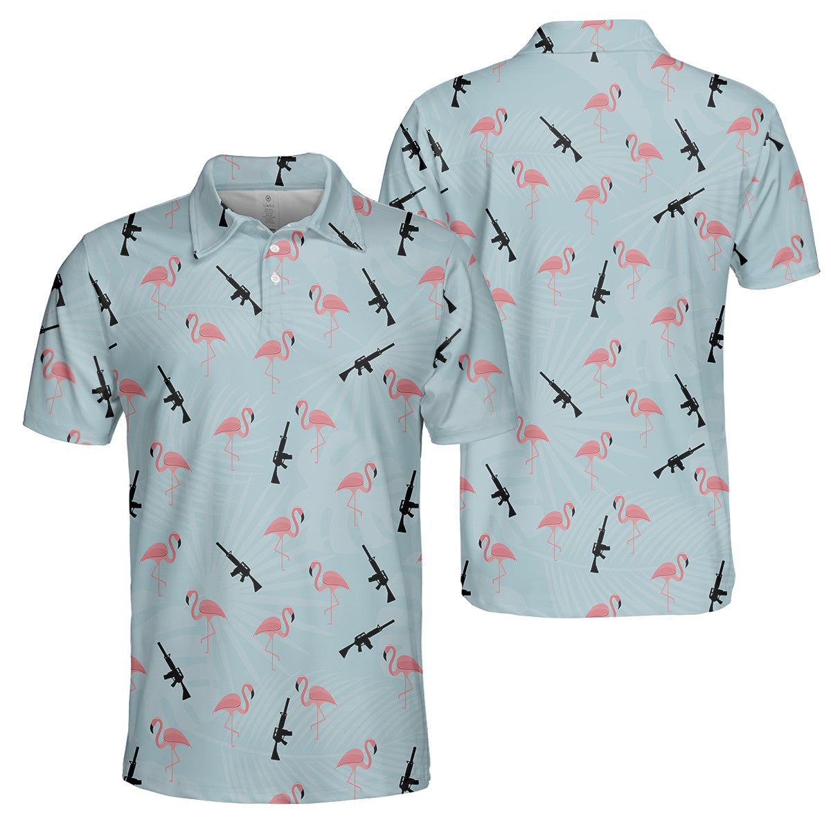 Funny Flamingo Gun Golf Polo Shirt for Men – Tactical Flamingo Pattern Performance Golf Shirt, Lightweight Breathable Novelty Golf Polo