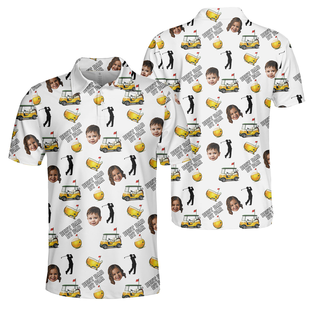 Funny Custom Baby Face, Golf Polo Shirt for Men, Best Dad By Par Golf Cart Pattern