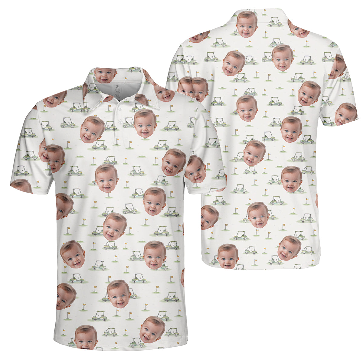 Funny Custom Baby Face Golf Polo Shirt for Men Personalized Photo Golf Shirt with Golf Cart Pattern All Over Print Unique Golf Gift for Dad or Grandpa