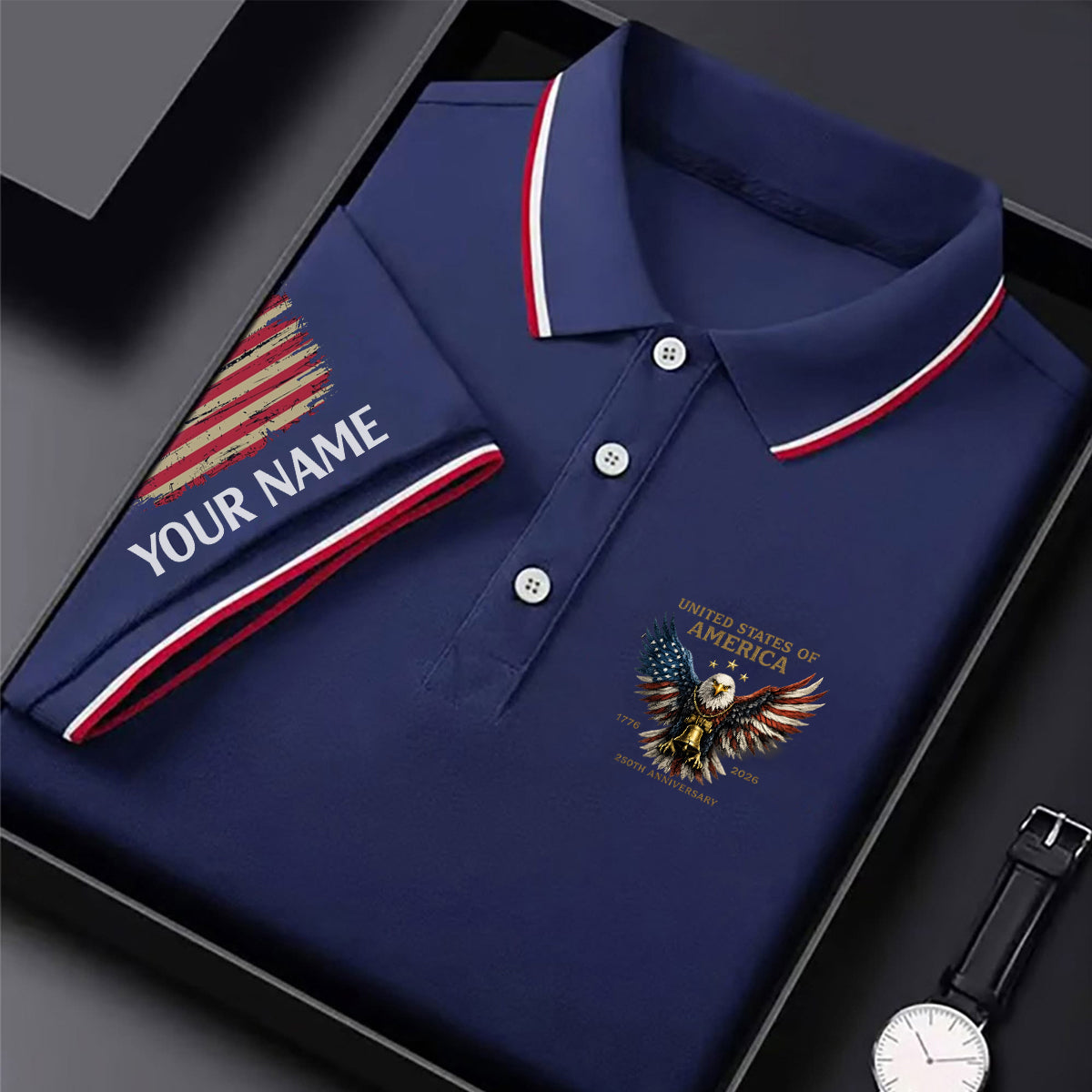 Personalized Patriotic USA Eagle 250 Golf Polo Custom Name Performance Shirt