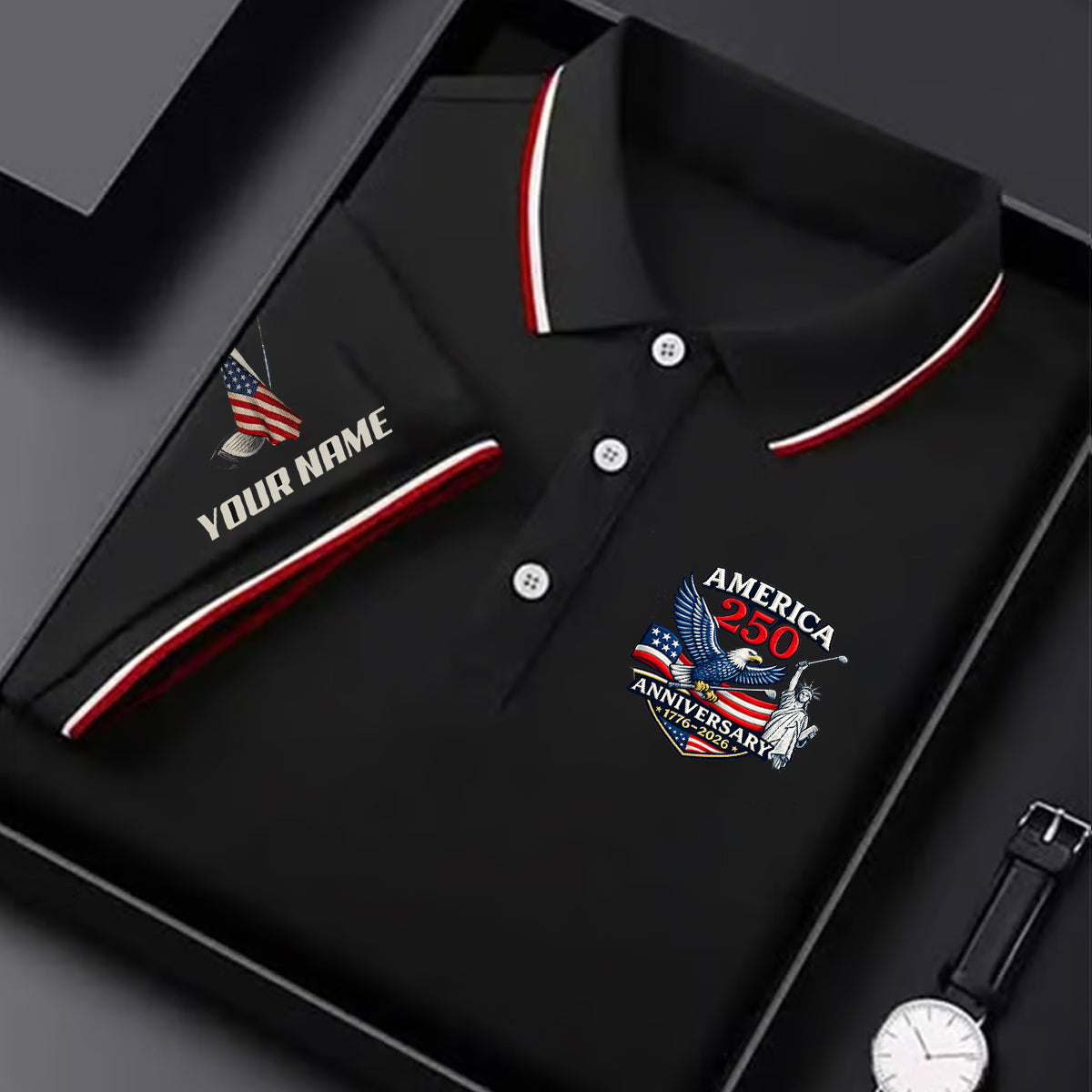 Men Golf Polo America 250 Anniversary Custom Name Patriotic Shirt