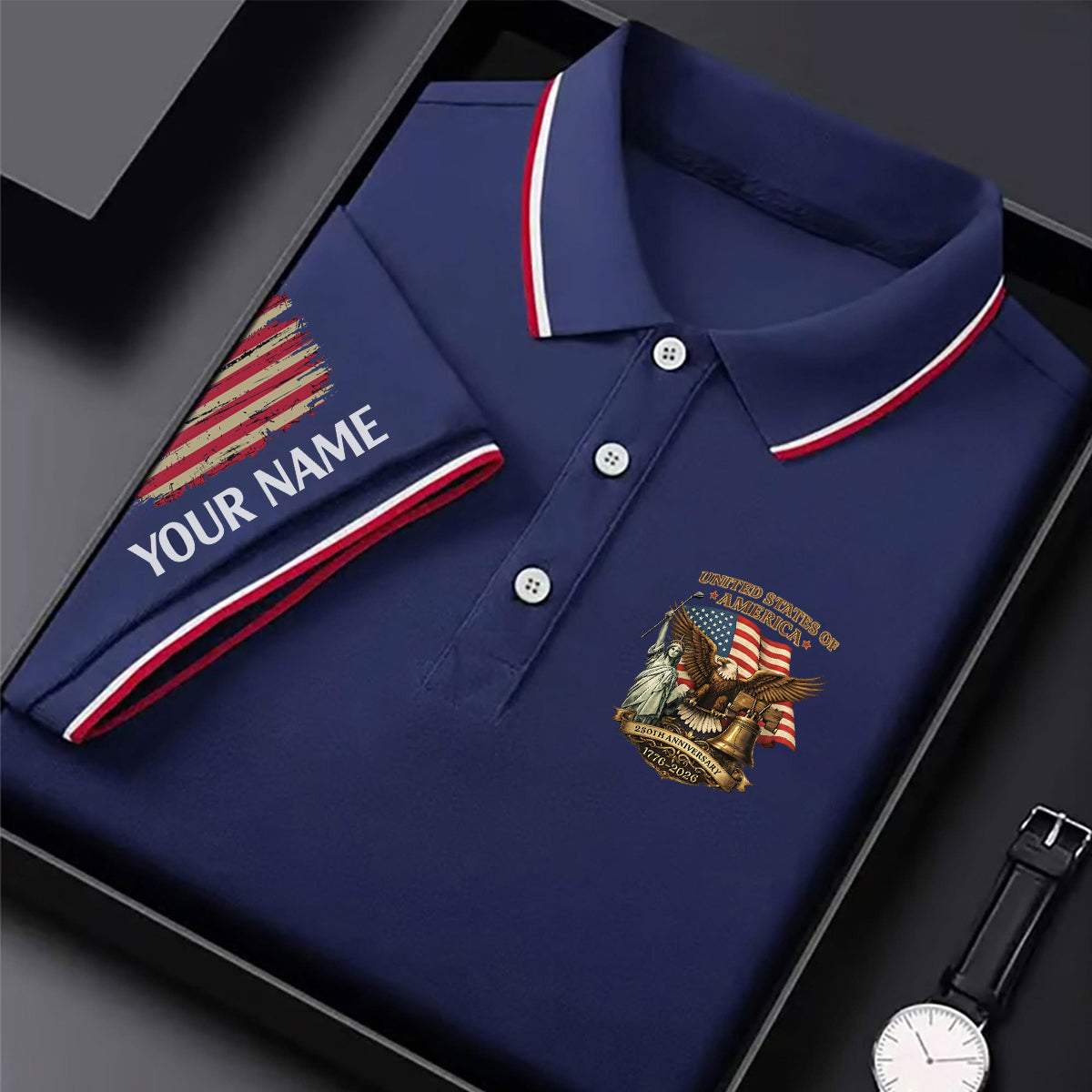 USA 250th Anniversary Eagle Golf Polo Custom Name Patriotic Shirt