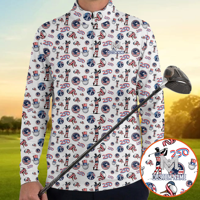 USA 250 Years Patriotic Quarter Zip Golf Pullover for Men American Flag Golfer All Over Print Lightweight Long Sleeve Golf Jacket