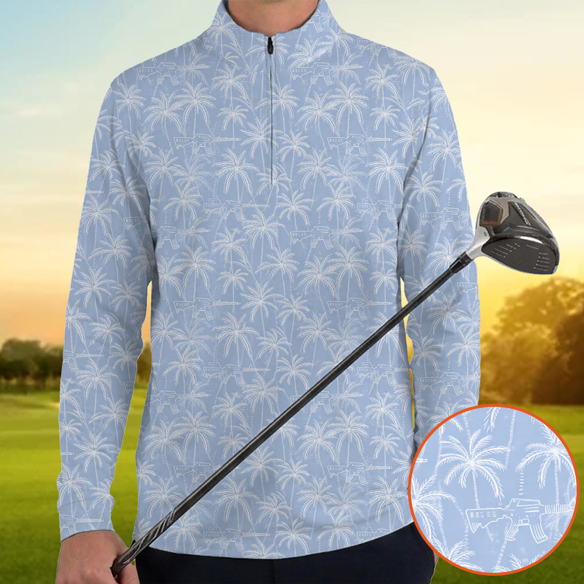 Men’s Tactical Hawaiian Golf Polo Shirt, Palm Tree & Rifle Pattern Golf Shirt, Funny Gun Lover Golf Polo, Patriotic Golf Apparel