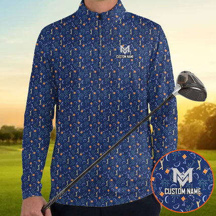 Funny Golf & Whiskey Pattern Quarter Zip Golf Pullover for Men Tropical All Over Print Lightweight Long Sleeve Performance Golf Jacket