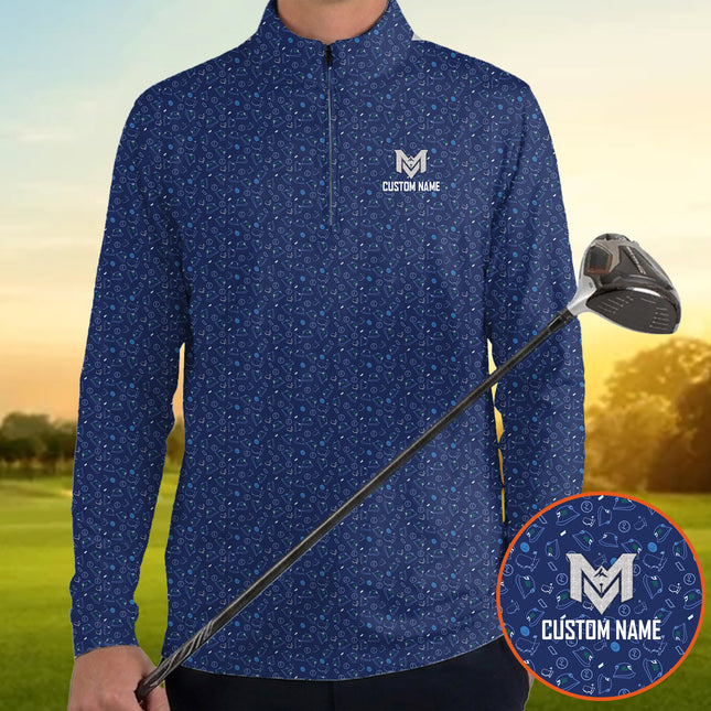 Personalized Name Long Sleeve Zip Golf Shirt – Custom Pattern Golf Shirt for Men – Stylish Performance Polo