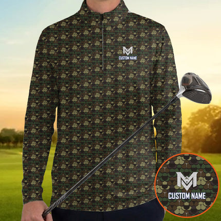 Camo Quarter Zip Golf Pullover for Men Camouflage All Over Print Lightweight Performance Long Sleeve Golf Jacket Outdoor Golf Apparel