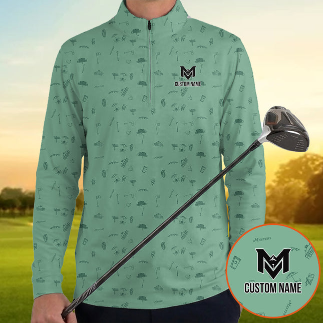 Personalized Golf Icons Quarter Zip Long Sleeve Shirt – Custom Name Golf Pullover for Men – Stylish Performance Polo
