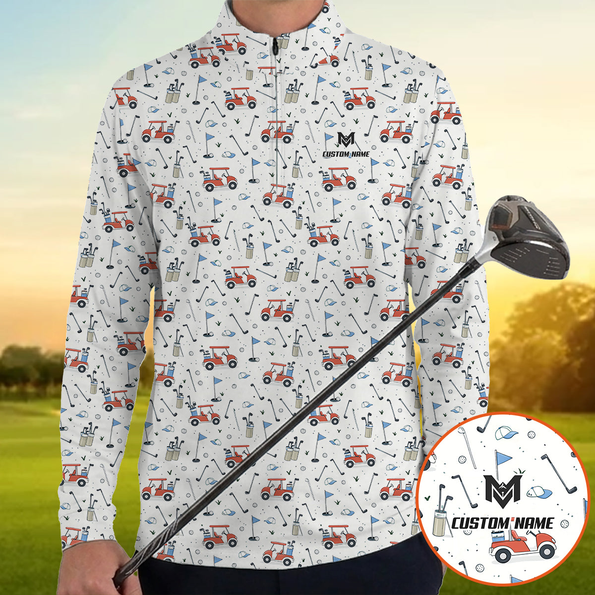 Personalized Funny Golf Cart Pattern Polo Shirt for Men All Over Print Golf Equipment Design Performance Golf Polo Lightweight Breathable Golf Apparel