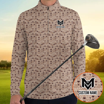 Brown Golf Ball Pattern Quarter Zip Golf Pullover for Men Classic All Over Print Lightweight Long Sleeve Performance Golf Jacket