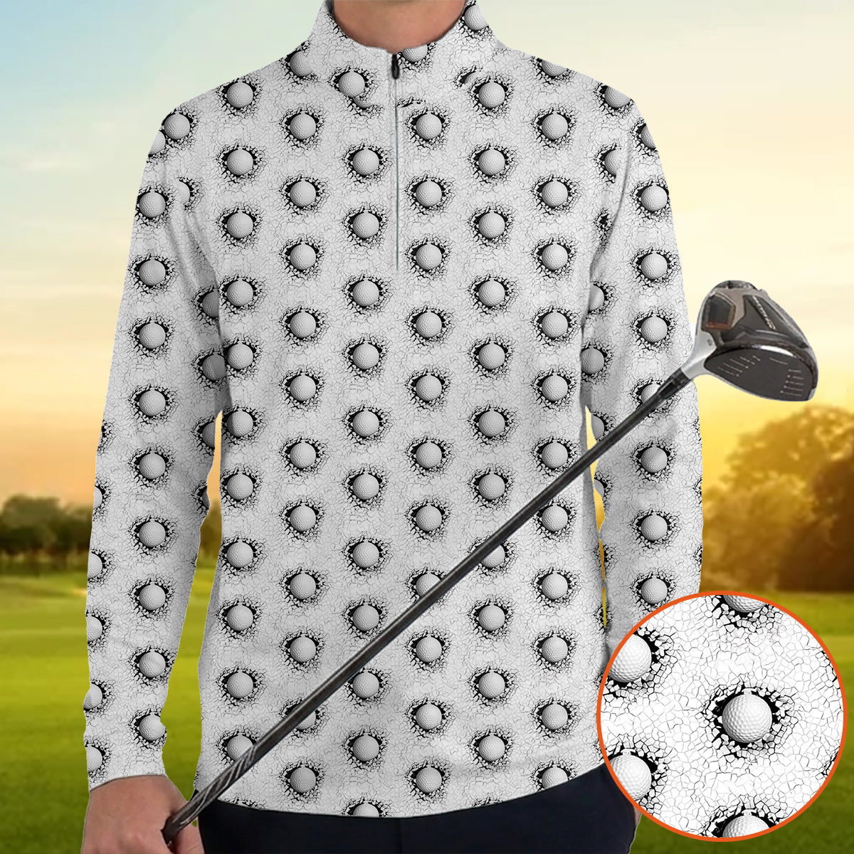 Cracked Golf Ball Pattern Golf Polo Shirt for Men – Unique 3D Golf Ball Print Performance Golf Shirt Lightweight Breathable Golf Polo