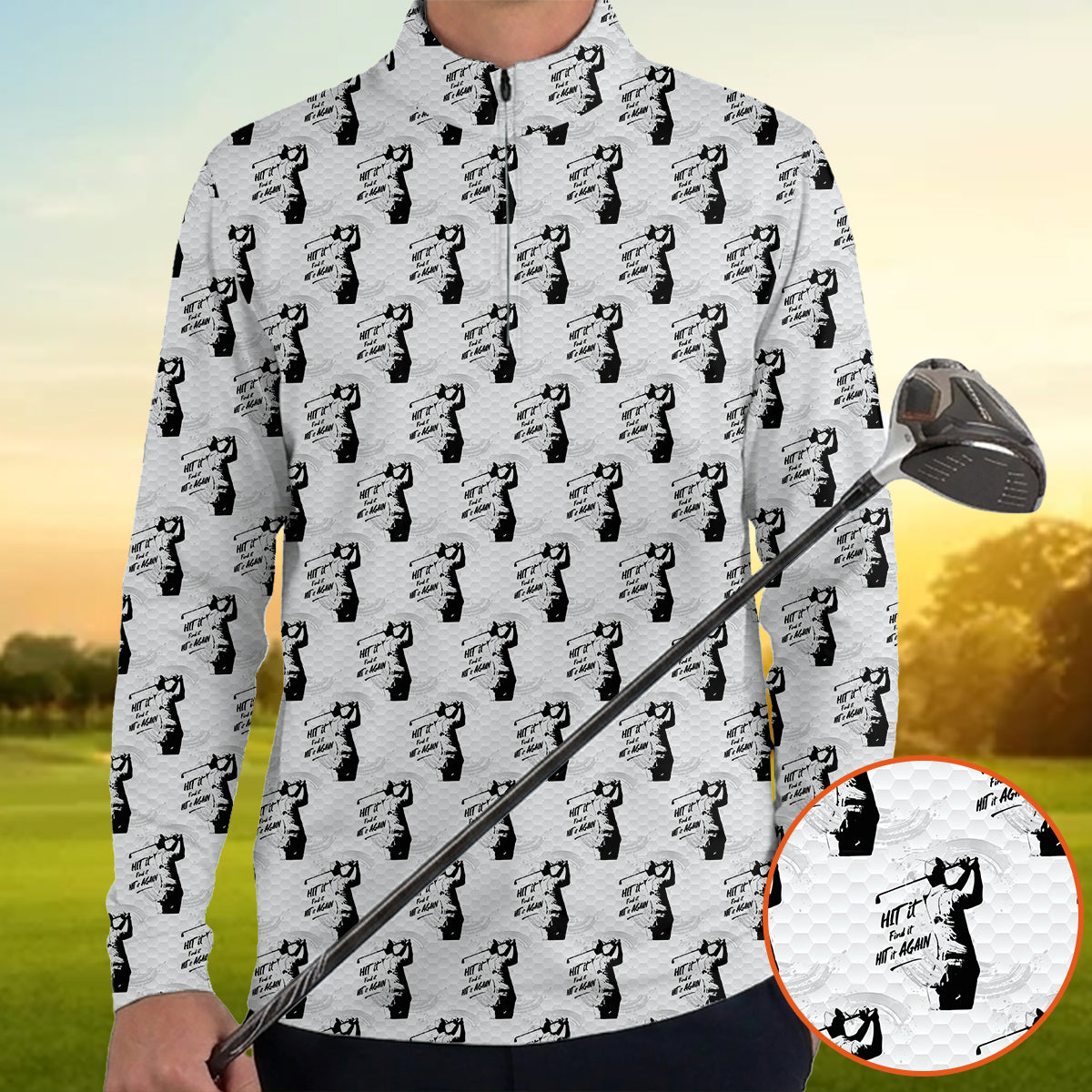 Funny Hit It Find It Hit It Again Golf Polo Shirt for Men – Vintage Golfer Pattern Performance Golf Shirt, Lightweight Breathable Golf Polo