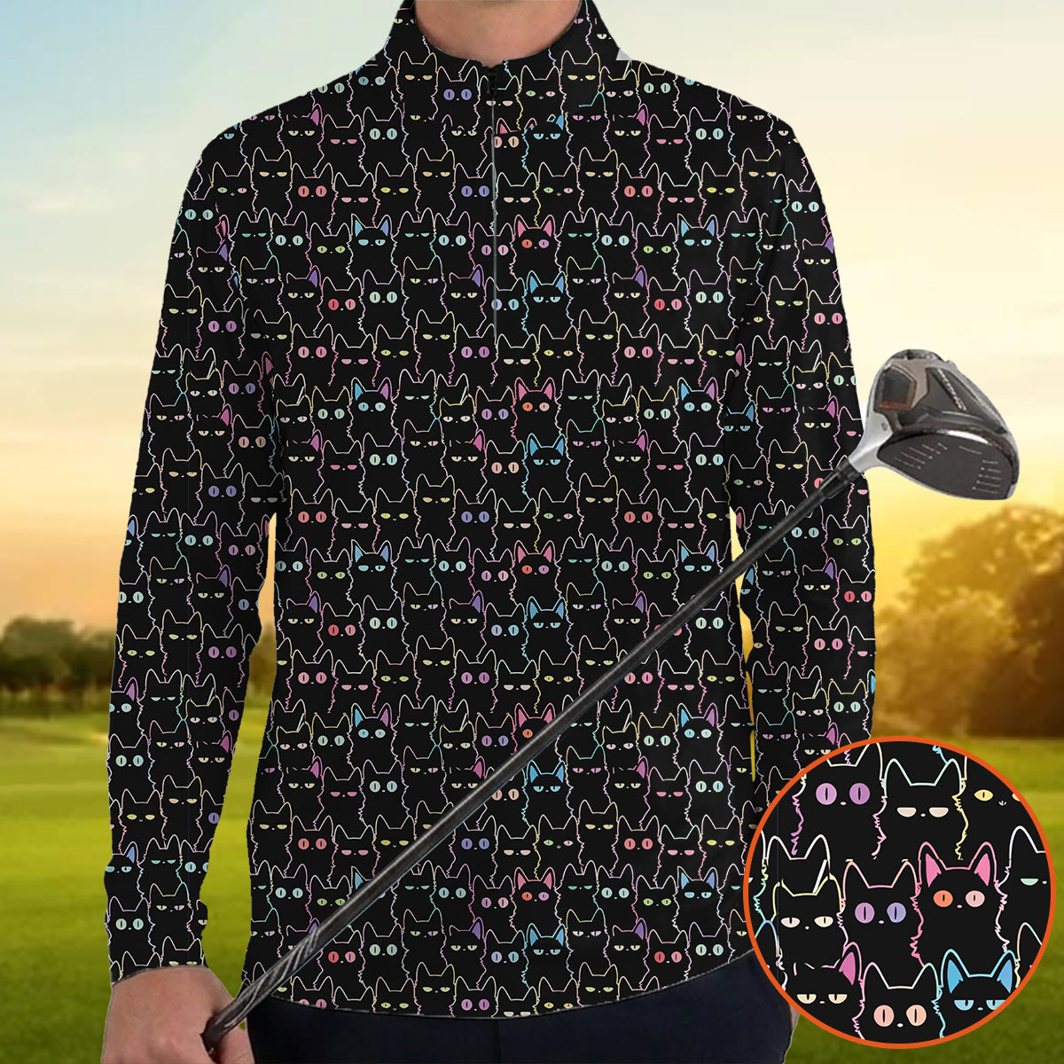 Black Cat Golf Polo Shirt Funny Cat Pattern Men Casual Golf Shirt