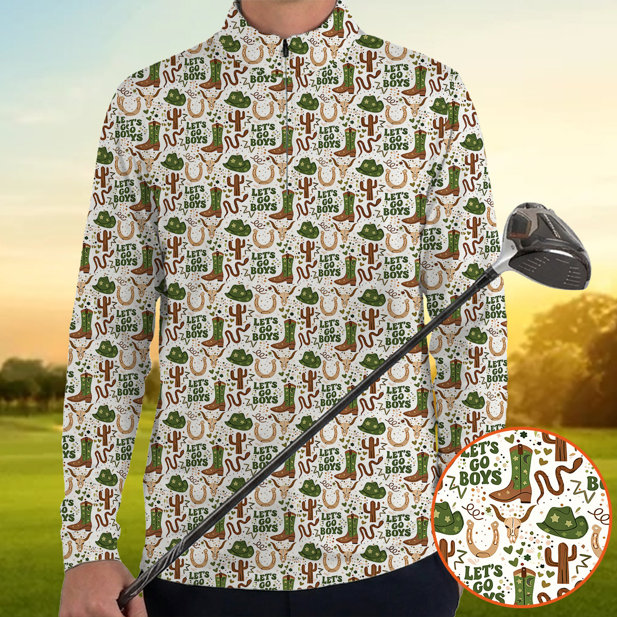 Men’s Funny Cowboy Golf Polo Shirt, Western Boots Cactus “Let’s Go Boys” Pattern Golf Shirt, Country Western Golf Apparel, Rodeo Style Golf Polo