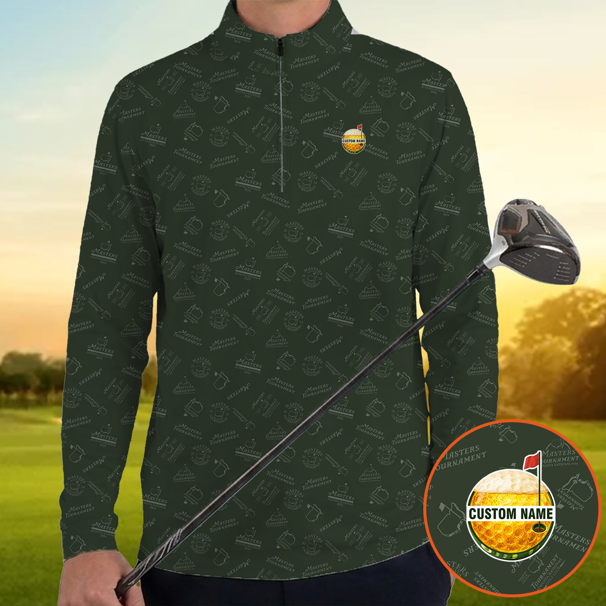 Personalized Masters Style Golf Polo Shirt for Men – Custom Name Golf Ball Logo Performance Polo, Dark Green Pattern Golf Shirt Gift for Golfers