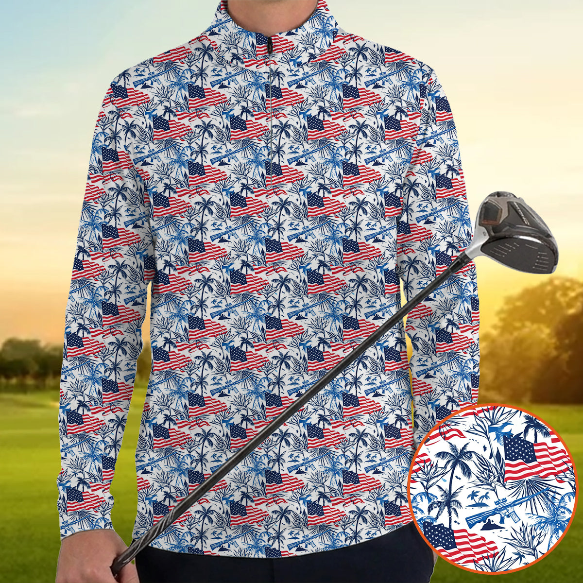 American Flag Hawaiian Golf Polo Shirt for Men – Patriotic USA Tropical Performance Golf Shirt, Lightweight Breathable 4th of July Golf Polo