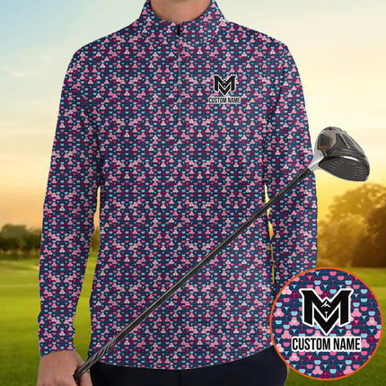 Pink Blue Golf Ball Pattern Quarter Zip Golf Pullover for Men Modern All Over Print Lightweight Long Sleeve Performance Golf Jacket