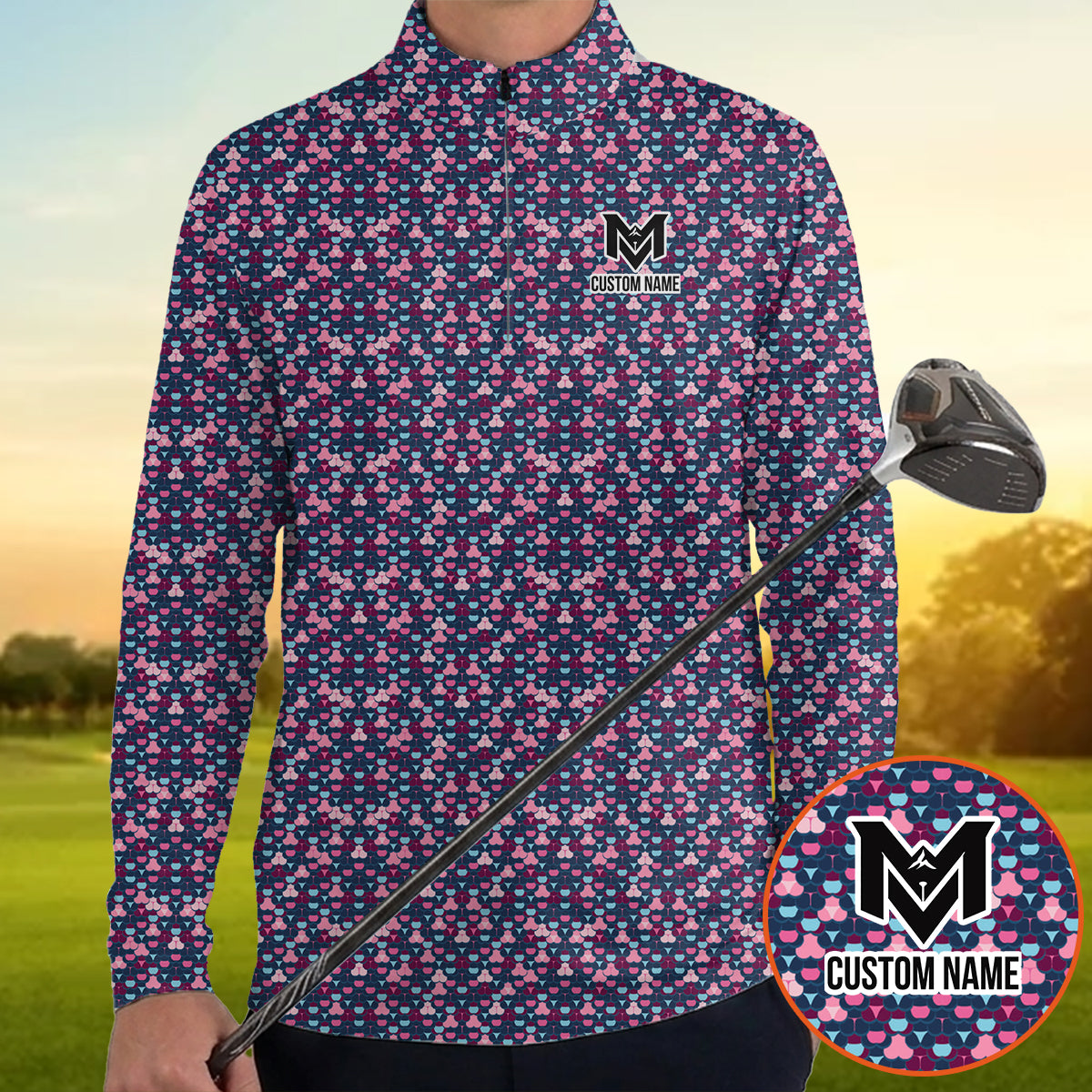 Personalized Pink Blue Golf Ball Pattern Polo Shirt for Men Modern All Over Print Performance Golf Polo Lightweight Breathable Golf Apparel