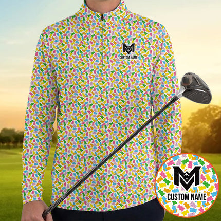Colorful Gummy Bear Quarter Zip Golf Pullover for Men Funny Candy Pattern Lightweight Long Sleeve Performance Golf Jacket