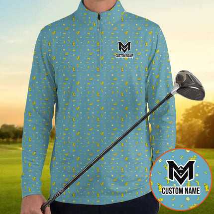 Personalized Banana Pattern Quarter Zip Golf Shirt – Custom Name Tropical Long Sleeve Golf Pullover