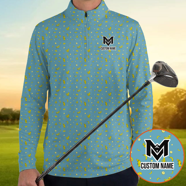 Personalized Banana Pattern Quarter Zip Golf Shirt – Custom Name Tropical Long Sleeve Golf Pullover