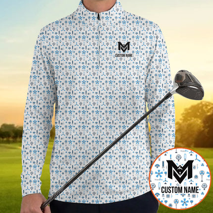Blue Funny Golf Icons Quarter Zip Golf Pullover for Men Golf Equipment Pattern Lightweight Long Sleeve Performance Golf Jacket