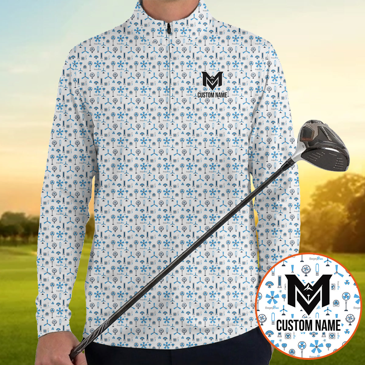 Personalized Blue Funny Golf Icons Polo Shirt for Men Golf Equipment Pattern All Over Print Performance Golf Polo Lightweight Breathable Golf Apparel