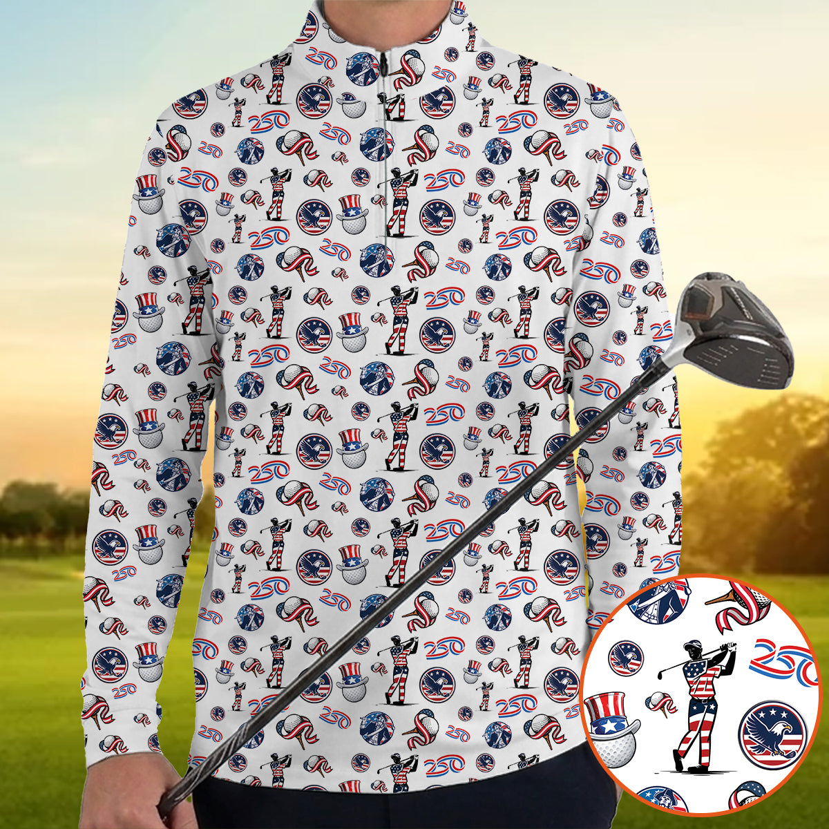 USA 250 Years Patriotic Golf Polo Shirt for Men American Flag Golfer All Over Print Performance Golf Shirt Semiquincentennial 1776–2026