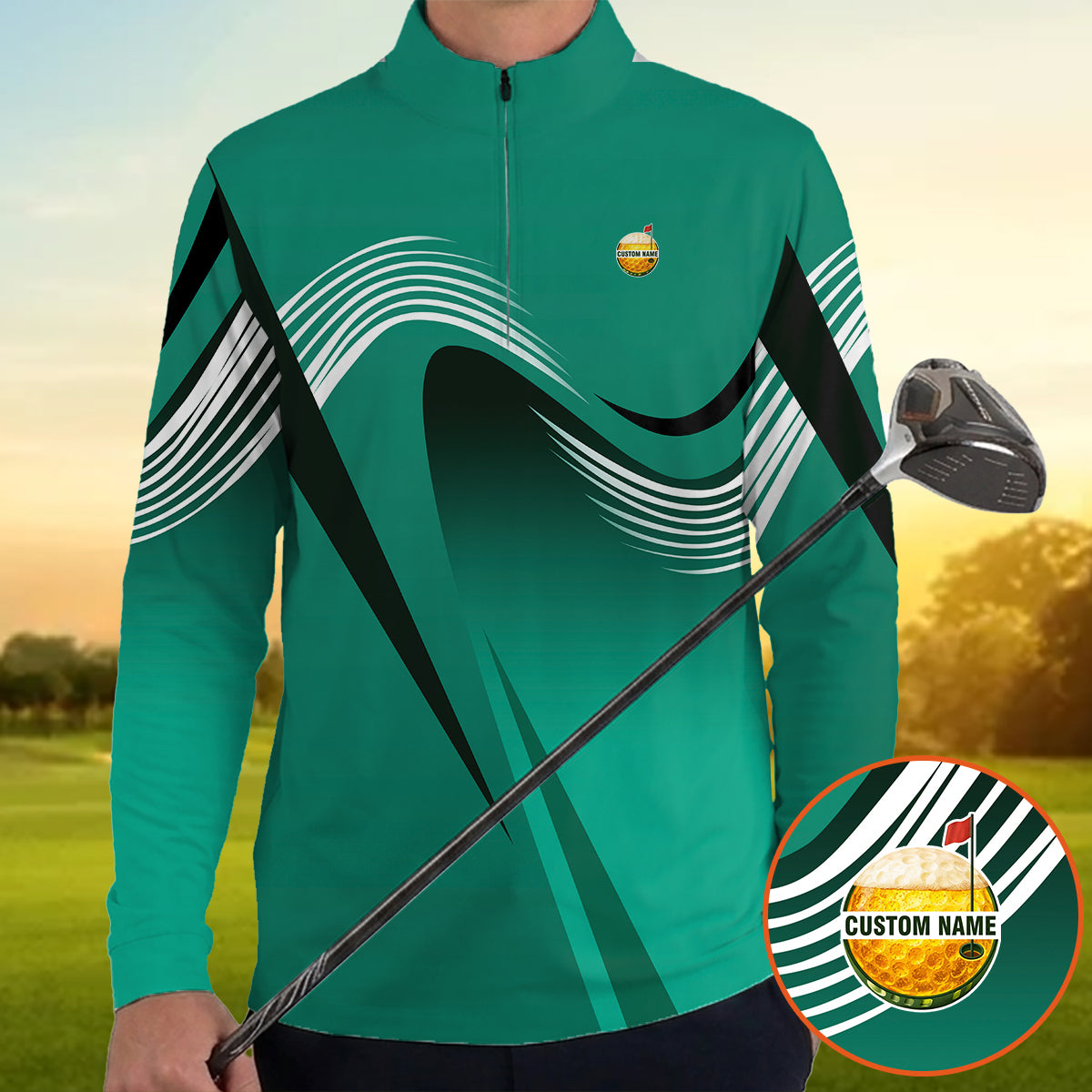 Personalized Custom Name Modern Wave Pattern Golf Polo Shirt for Men Stylish Golf Apparel