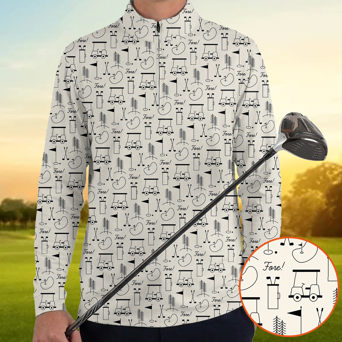 Men’s Funny Golf Polo Shirt, Golf Cart & Clubs “Fore!” Pattern, Casual Golf Polo for Golfers, Golf Lover Gift