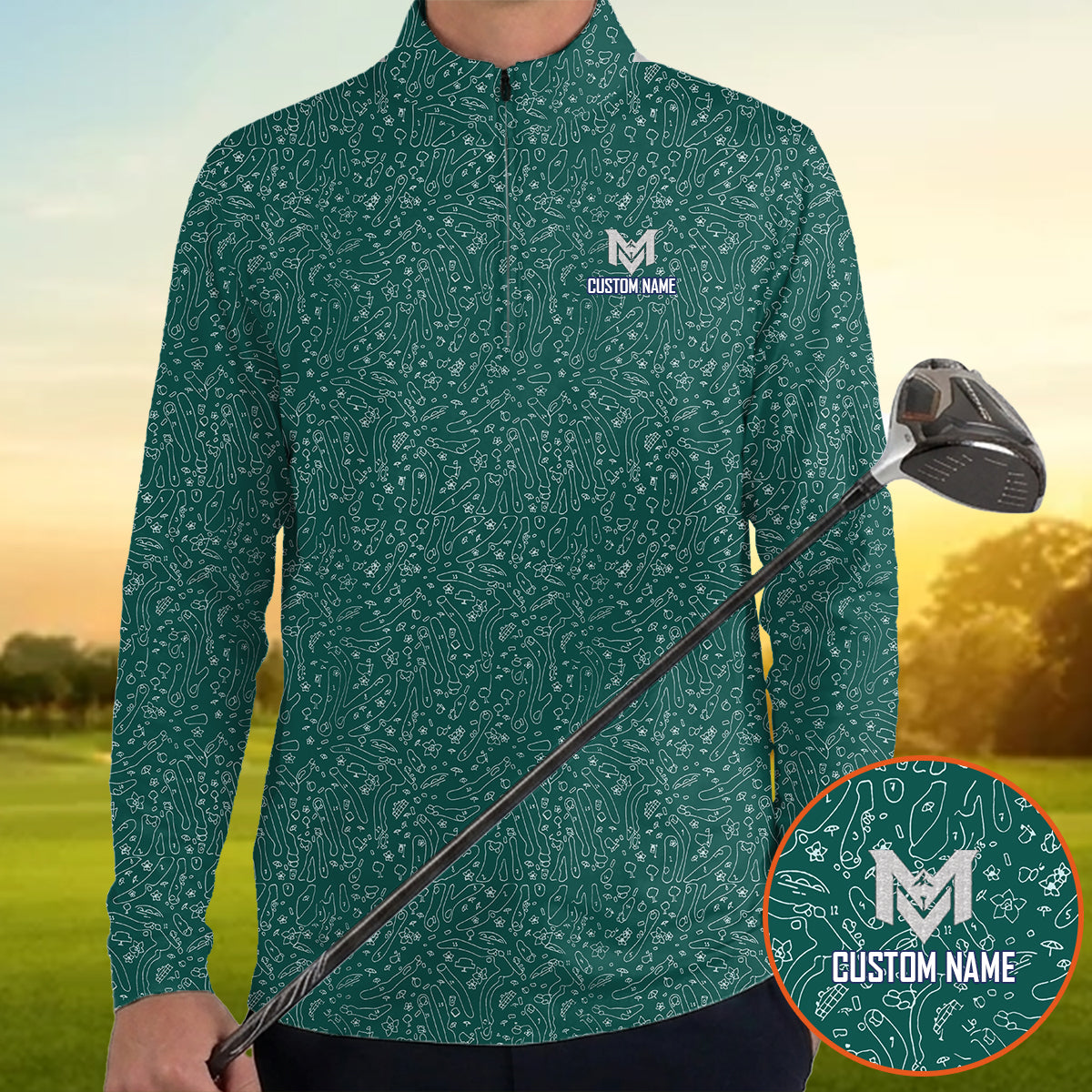 Personalized Green Golf Doodle Pattern Polo Shirt for Men Funny All Over Print Performance Golf Polo Lightweight Breathable Golf Apparel
