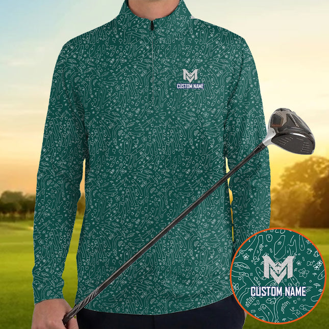 Green Golf Doodle Pattern Quarter Zip Golf Pullover for Men Funny All Over Print Lightweight Long Sleeve Performance Golf Jacket