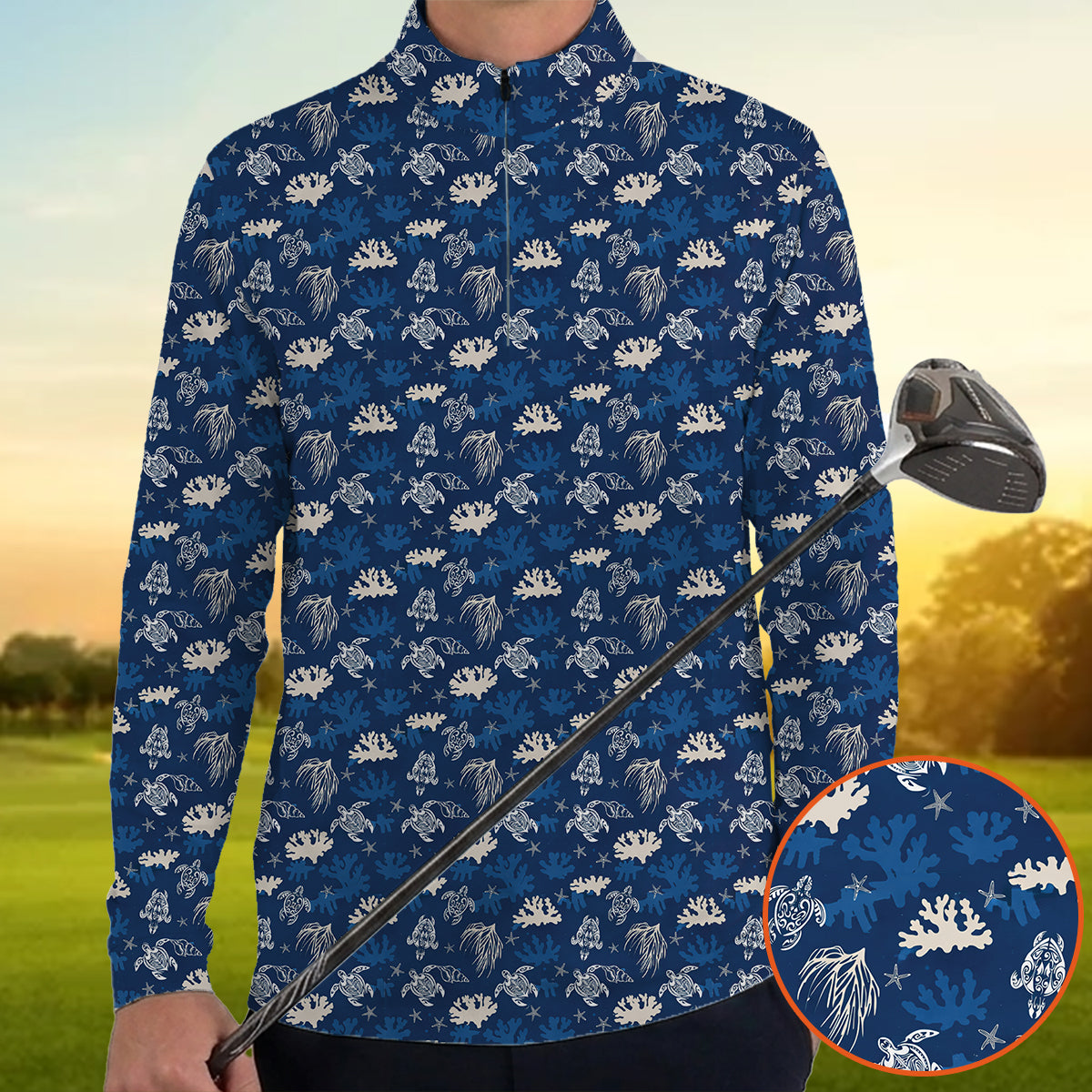 Men’s Hawaiian Sea Turtle Golf Polo Shirt, Ocean Coral & Marine Pattern Golf Shirt, Tropical Beach Style Golf Polo, Summer Golf Apparel