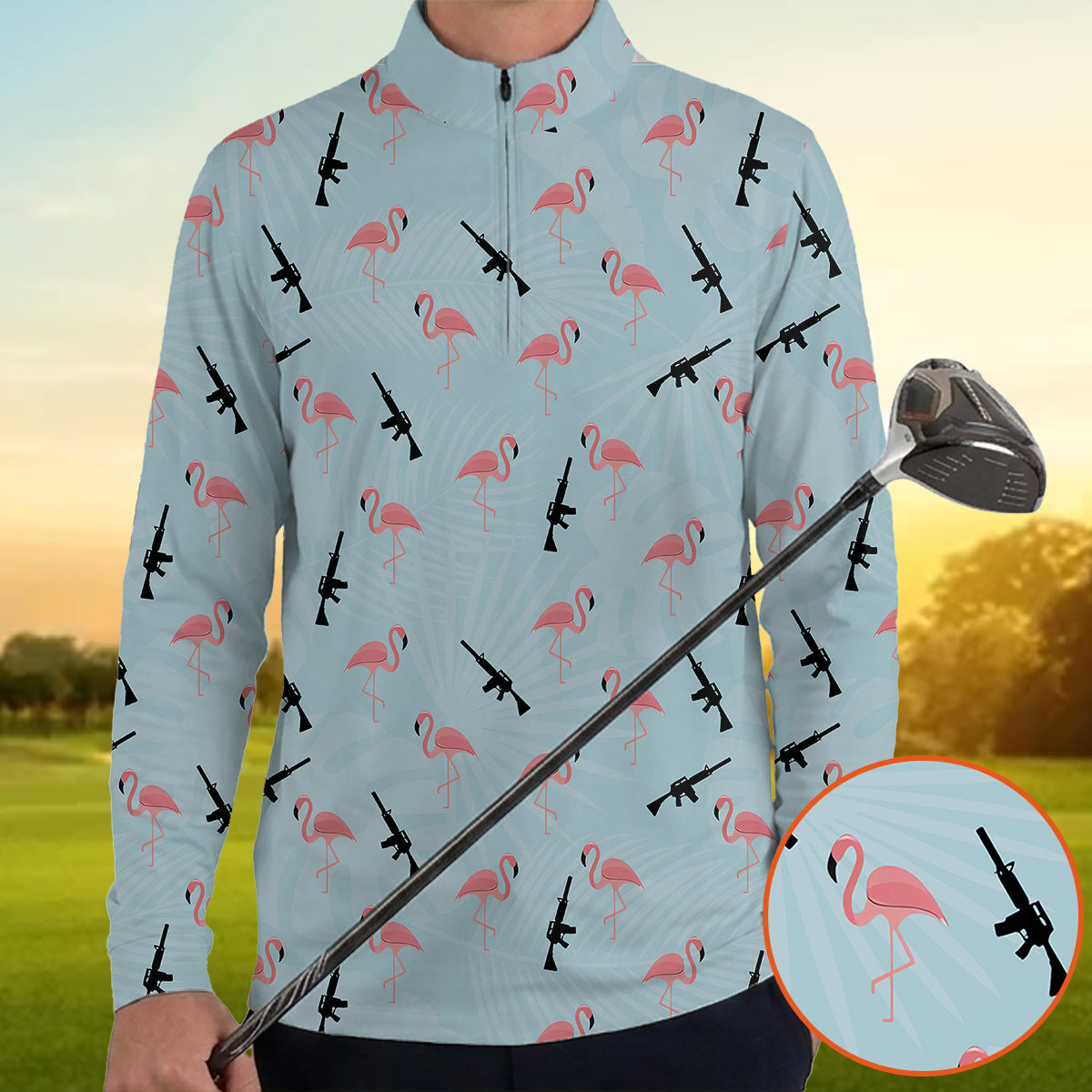 Funny Flamingo Gun Golf Polo Shirt for Men – Tactical Flamingo Pattern Performance Golf Shirt, Lightweight Breathable Novelty Golf Polo