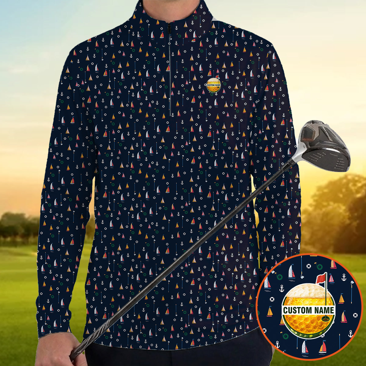 Personalized Custom Name Nautical Sailing Pattern Golf Polo Shirt for Men Unique Golf Apparel