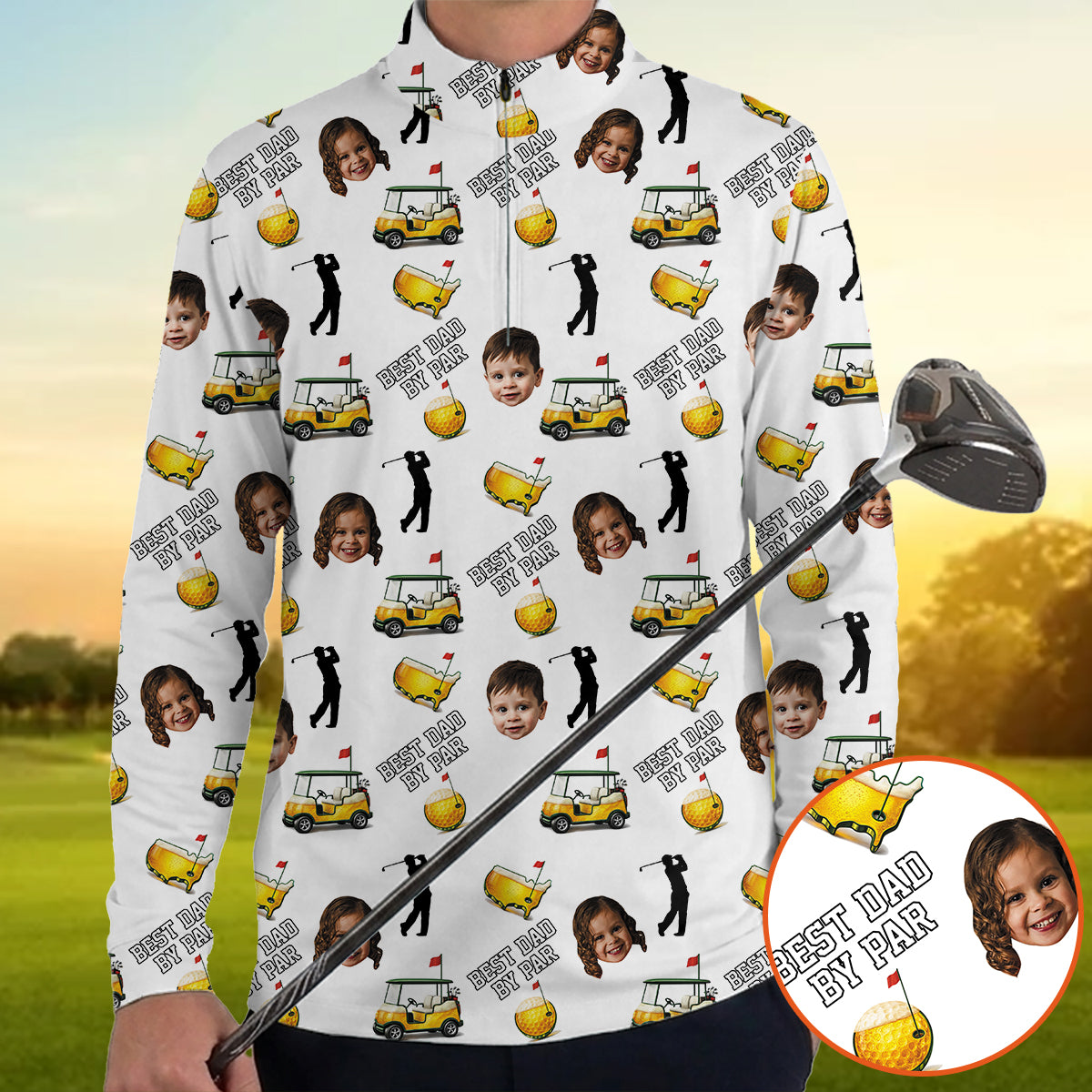 Funny Custom Baby Face, Golf Polo Shirt for Men, Best Dad By Par Golf Cart Pattern