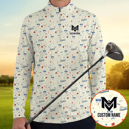 Funny Golf Course Map Quarter Zip Golf Pullover for Men Golf Strategy Pattern Lightweight Long Sleeve Performance Golf Jacket