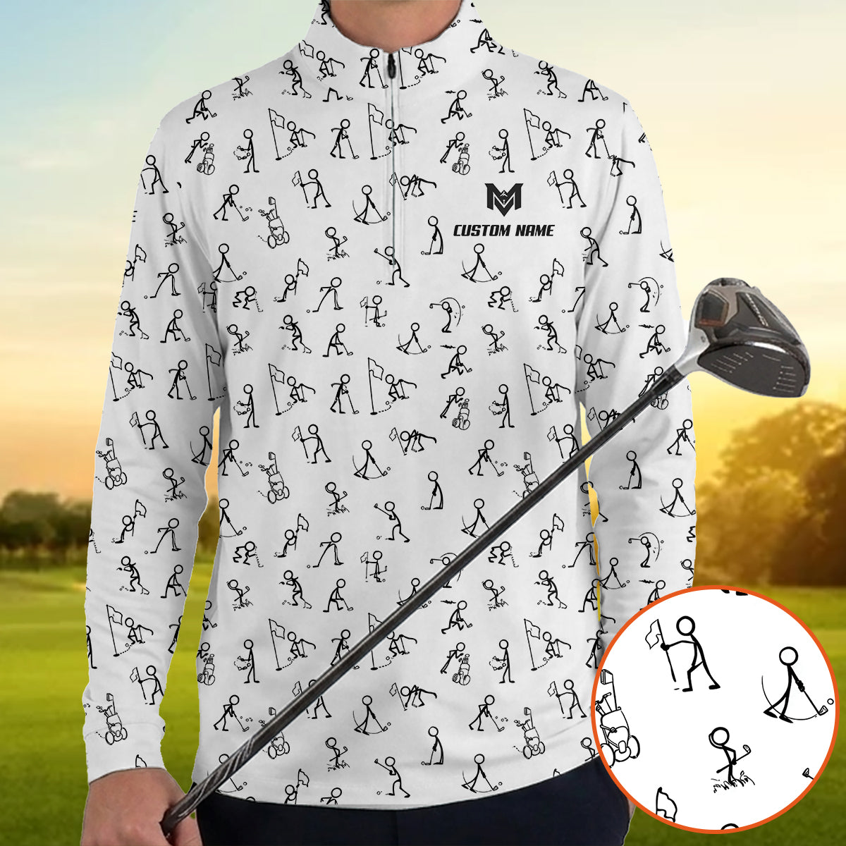 Funny Stick Figure Golf Pattern Polo Shirt for Men Custom Name All Over Print Golf Polo Golf Lover Gift Lightweight Performance Golf Shirt