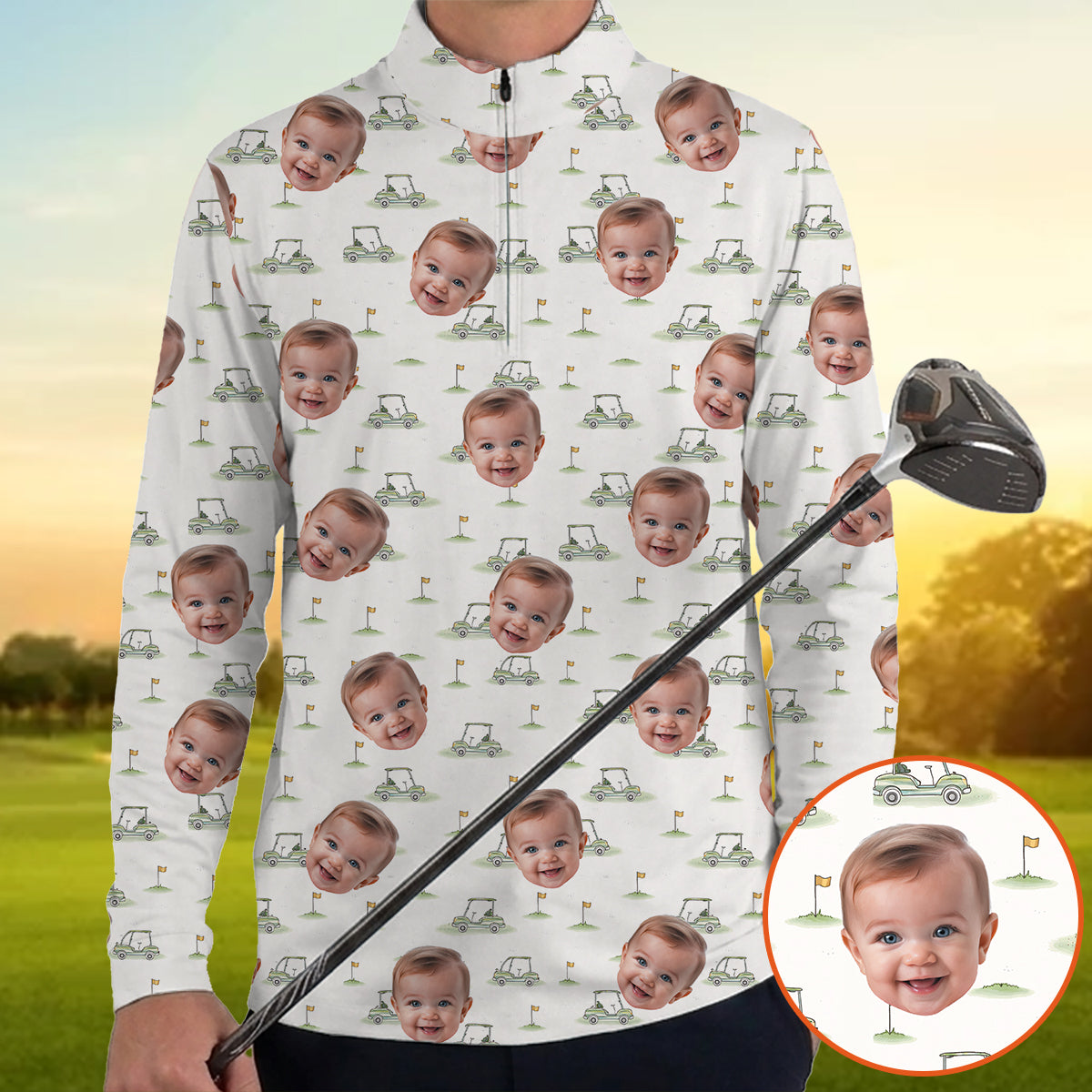 Funny Custom Baby Face Golf Polo Shirt for Men Personalized Photo Golf Shirt with Golf Cart Pattern All Over Print Unique Golf Gift for Dad or Grandpa