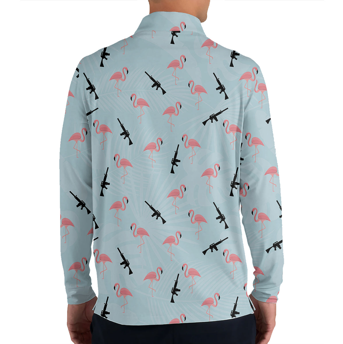 Funny Flamingo Gun Golf Polo Shirt for Men – Tactical Flamingo Pattern Performance Golf Shirt, Lightweight Breathable Novelty Golf Polo