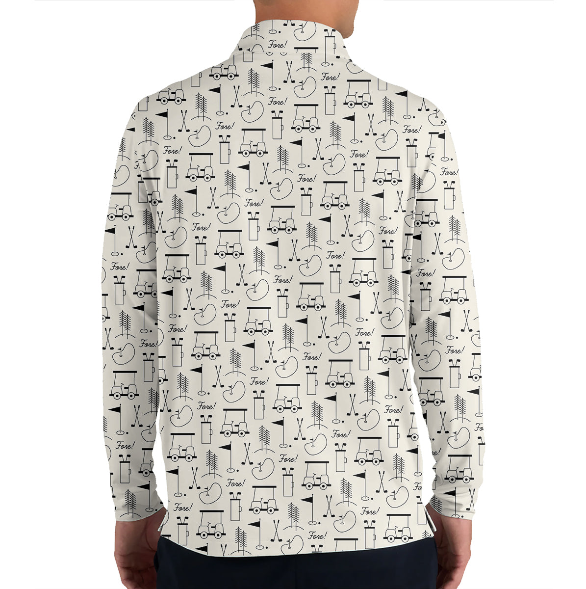Men’s Funny Golf Polo Shirt, Golf Cart & Clubs “Fore!” Pattern, Casual Golf Polo for Golfers, Golf Lover Gift