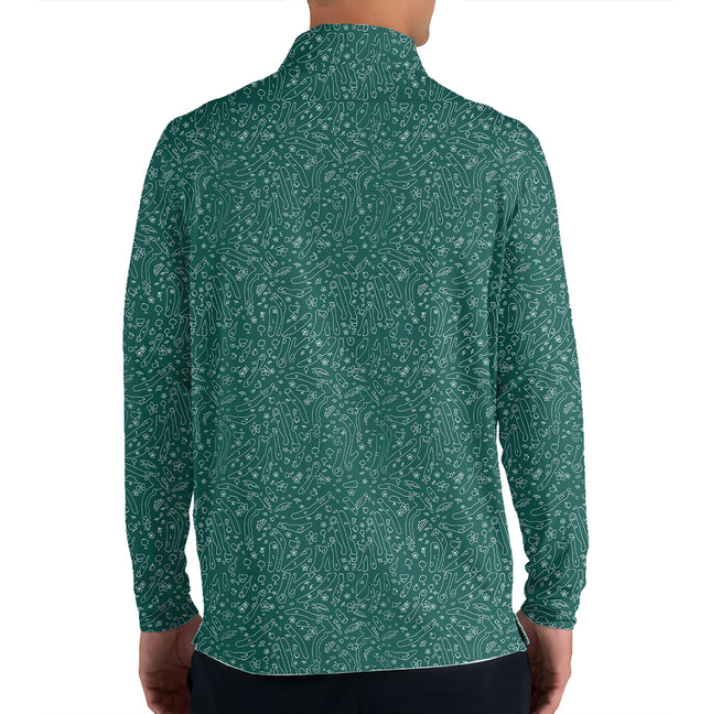 Green Golf Doodle Pattern Quarter Zip Golf Pullover for Men Funny All Over Print Lightweight Long Sleeve Performance Golf Jacket