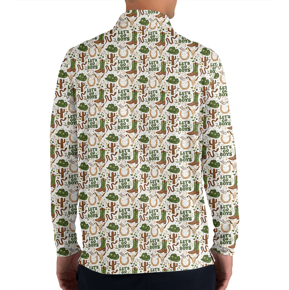 Men’s Funny Cowboy Golf Polo Shirt, Western Boots Cactus “Let’s Go Boys” Pattern Golf Shirt, Country Western Golf Apparel, Rodeo Style Golf Polo