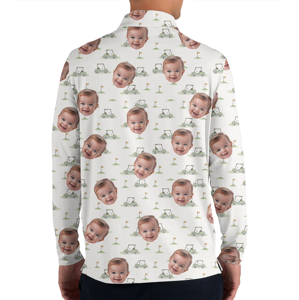 Funny Custom Baby Face Golf Polo Shirt for Men Personalized Photo Golf Shirt with Golf Cart Pattern All Over Print Unique Golf Gift for Dad or Grandpa