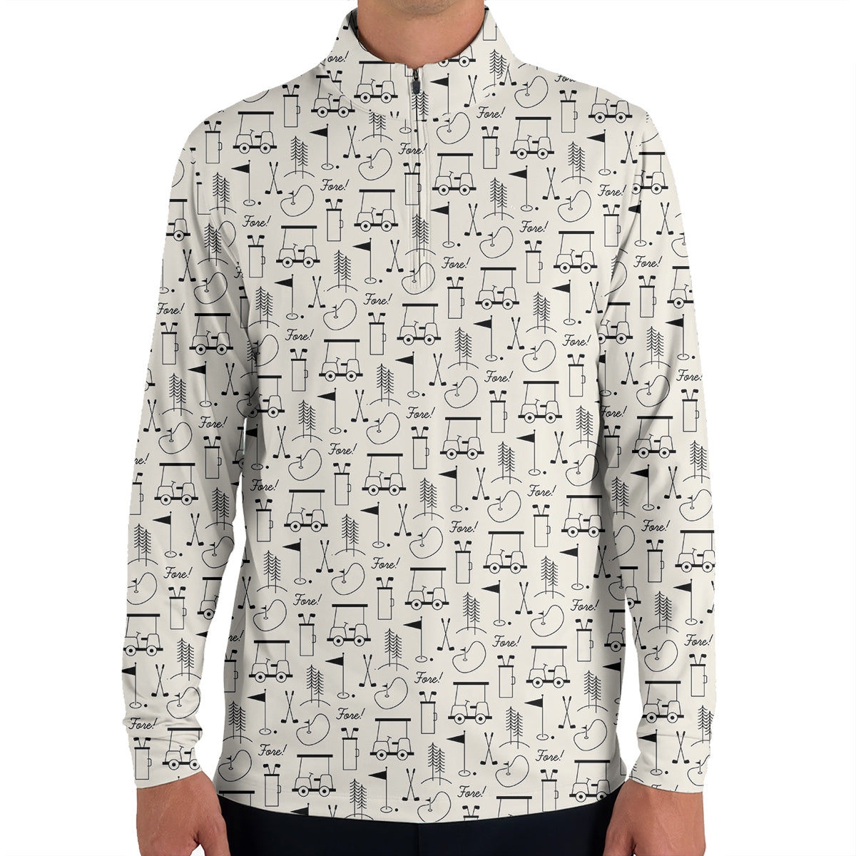 Men’s Funny Golf Polo Shirt, Golf Cart & Clubs “Fore!” Pattern, Casual Golf Polo for Golfers, Golf Lover Gift
