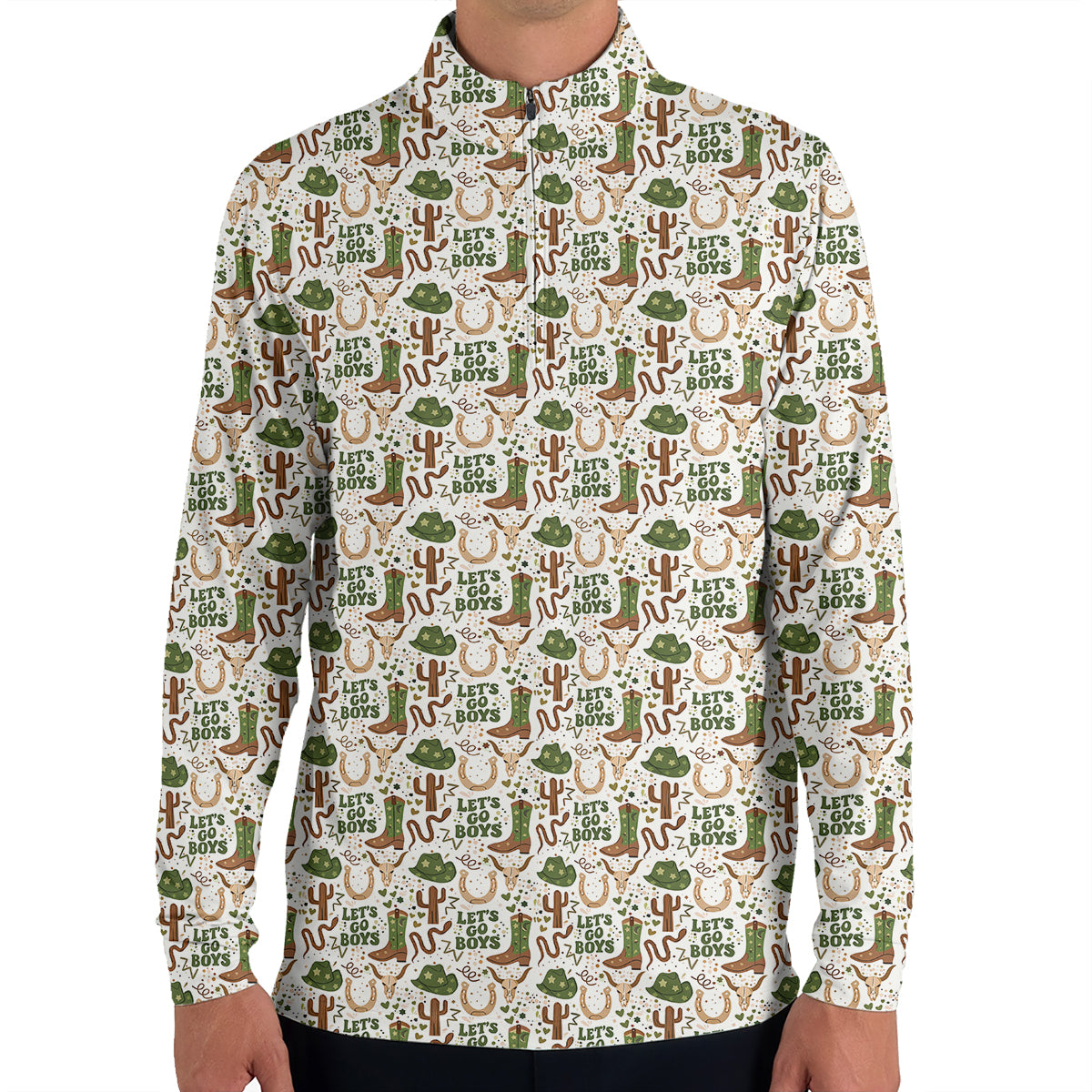 Men’s Funny Cowboy Golf Polo Shirt, Western Boots Cactus “Let’s Go Boys” Pattern Golf Shirt, Country Western Golf Apparel, Rodeo Style Golf Polo